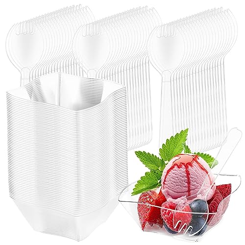 XISUN Dessertschalen Dessertbechern 150ml Plastik Dessertbecher Klare Wiederverwendbare Servierschale für Pudding Mousse Eiscreme Geburtstag Hochzeiten 60STK+60Transparenter Löffel von XISUN