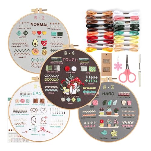 4 Sets Tier-, Obst-, Blumen- und Pflanzen-Stickerei-Set mit Anleitung (evtl. nicht in deutscher Sprache), Stickkleidung mit Muster, Faden und Nadel von XITEA