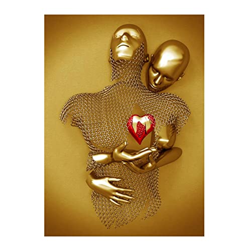 Bild Leinwand 3D-Effekt Paar, Liebe Herz Gold-Kunst Wand Poster, Abstrakte Metallfigur Skulptur Wandbilder Modern Wanddeko Wohnzimmer(Ohne Rahmen),A,40x50cm No Frame von XIUWOUG