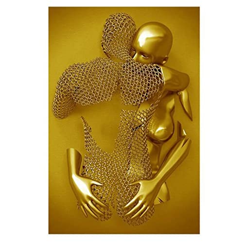 Bild Leinwand 3D-Effekt Paar, Liebe Herz Gold-Kunst Wand Poster, Abstrakte Metallfigur Skulptur Wandbilder Modern Wanddeko Wohnzimmer(Ohne Rahmen),C,70x100cm No Frame von XIUWOUG