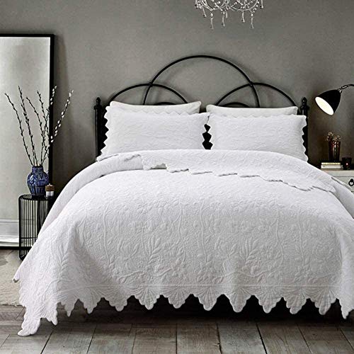 WDXN Tagesdecke Bettüberwurf Home 100% Baumwolle,Steppdecke Doppelbett Gesteppt Bettwäsche 3 Teilig Bettdecke Stepp Decke Tagesdecken Mit 2 Kissenbezug,Weiß,230x250cm von XIUWOUG