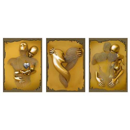 XIUWOUG Bild Leinwand Liebesfiguren Grau/Gold kunstdruck 3er set, 3D Metallfigur Statue Kunst Liebe Herz Kuss Bilder Wand kunst Deko, Poster Schlafzimmer/Bar/Badezimmer/Hotel,B,80X120cmx3 No Frame von XIUWOUG