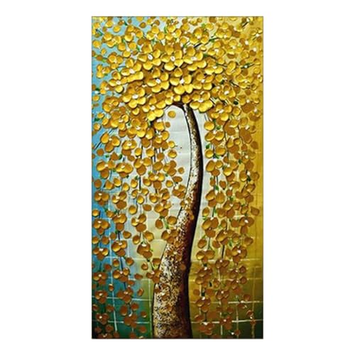 XIUWOUG Bilder Acryl Abstrakt Golden Blumen | Acrylbilder auf Leinwand Bild 100% handgemalt | Gemälde Glücks-Baum | Wandbild modern Wohnzimmer Schlafzimmer,60x120cm(With frame) von XIUWOUG