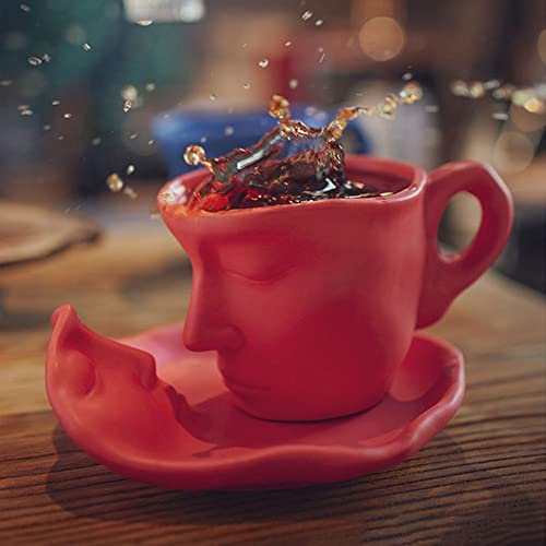 XIUWOUG Tasse mit Gesicht,Gesicht Kaffeetassen Set mit Untertasse,Kaffeetassen mit Gesicht,Keramik Tassen mit Unterteller,260 ml,Rot von XIUWOUG