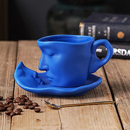 XIUWOUG Gesicht Kaffeetassen Set mit Untertasse,Espressotassen Set aus Porzellan,Dickwandige Tassen mit Unterteller,260 ml,Blau von XIUWOUG