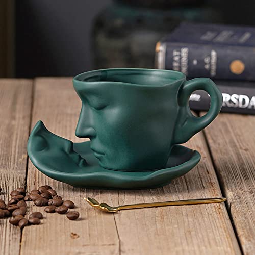 XIUWOUG Gesicht Kaffeetassen Set mit Untertasse,Espressotassen Set aus Porzellan,Dickwandige Tassen mit Unterteller,260 ml,Grün von XIUWOUG
