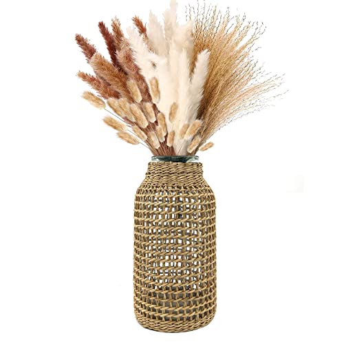 XIUWOUG Glasvase Mit Rattan,Handgewebt Gewebte Anti-Tropfen Glasvasen,Landhausstil Blumenvase Tischvase Pflanzen Vase Hausdeko Wohnzimmer Dekoration Geschenk,Clear,8x17cm von XIUWOUG