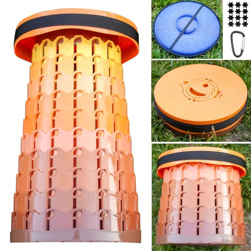 XIUWOUG Hocker Klappbar, Teleskophocker mit Kissen | Φ 30 cm Großer Tragbarer Klapphocker | Campingstuhl Klapphocker Faltbar Belastung 300 kg | Campinghocker oder Angelhocker,Orange von XIUWOUG