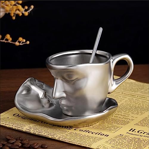 XIUWOUG Kreatives Gesicht Keramik-Kaffeetassen Set mit Untertasse,Cappuccino Latte Tasse und Untertasse,Espresso-Kaffeetassen,Mikrowelle und Geschirrspüler sicher,Silber von XIUWOUG