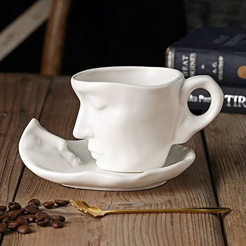 XIUWOUG Kreatives Gesicht Keramik-Kaffeetassen Set mit Untertasse,Cappuccino Latte Tasse und Untertasse,Espresso-Kaffeetassen,Mikrowelle und Geschirrspüler sicher,Weiß von XIUWOUG