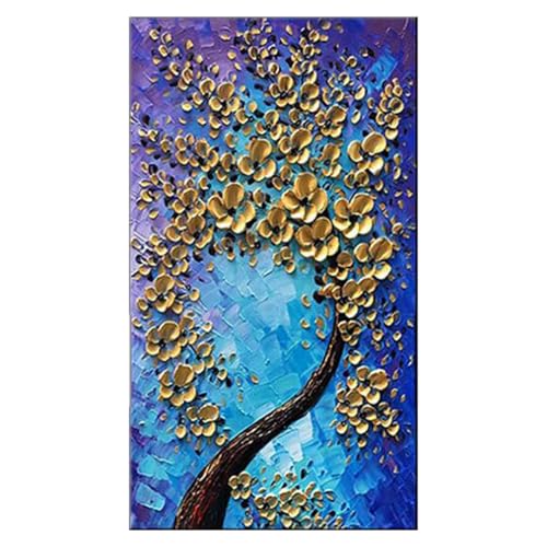 XIUWOUG Leinwandbild | 100% handgemalt | 120x60cm | Gemälde 'Glücks-Baum' | Abstrakt | Golden Blume | Wandbild Wohnzimmer,60x120cm(With frame) von XIUWOUG