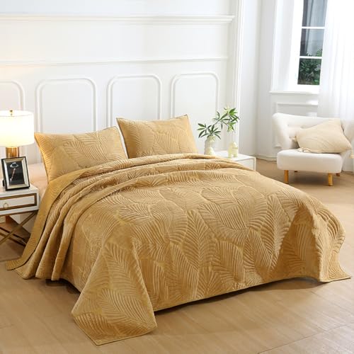 XIUWOUG Tagesdecke 240x260, Baumwolle Tagesdecke Gesteppt Palmblätter Bettüberwurf, Kristallsamt wolldecke, Steppdecke mit 2 Kissenbezügen, Sofa Überwurfdecke Wohndecke für Bett,Gelb,220x240 von XIUWOUG