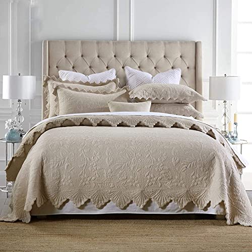 XIUWOUG Tagesdecke Beige 240x260 aus Baumwolle Luxus Baumwolldecke für Bett,Einfarbig Bestickte Gesteppte Sofaüberwurf Bettüberwurf Set mit Kissenbezug,240x260cm von XIUWOUG