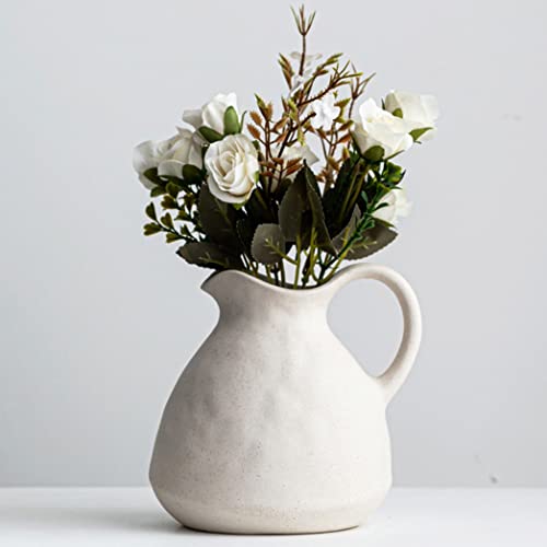 XIUWOUG Keramik Weiße Vase,Rustikale Krug Vase für Wohnkultur,Vintage-Krug Deco Vase für Bauernhaus-Dekor,Tischdekoration(nur Vase) von XIUWOUG