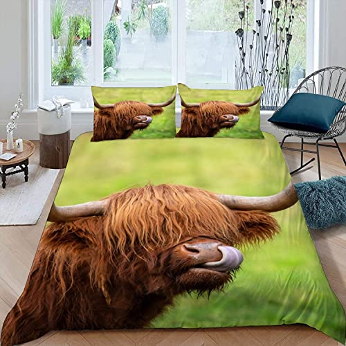 XIWEIER Bettwäsche 135x200 Highland Cow Schottland Bettbezug 135x200 mit ReißVerschluss 3D Druck Bettwäsche Set Sommer Weiche Mikrofaser Kinderbettwäsche Bettbezüge mit 2 Kissenbezug 80x80 cm von XIWEIER