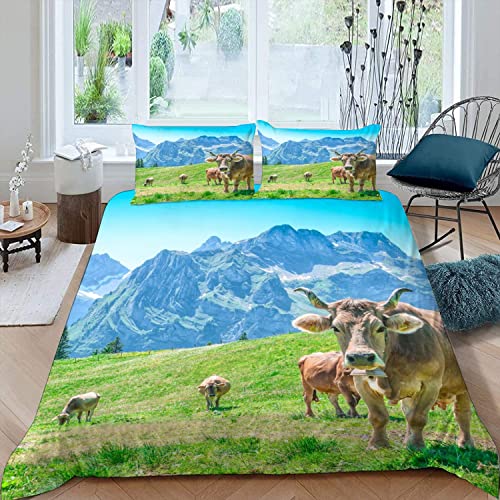 XIWEIER Bettwäsche 135x200 Kuhweiden Alpen Bettbezug 135x200 mit ReißVerschluss 3D Druck Bettwäsche Set Sommer Weiche Mikrofaser Kinderbettwäsche Bettbezüge mit 2 Kissenbezug 80x80 cm von XIWEIER