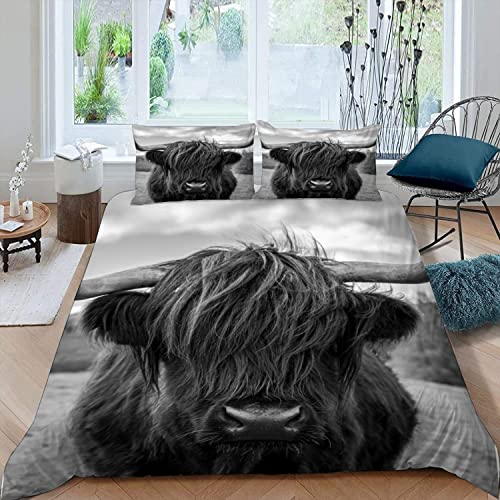 XIWEIER Highland Cow schwarz Bettwäsche 220x240 Weiche Leicht Mikrofaser Bettbezug mit ReißVerschluss Sommer 3 Teilig Bettwäsche Set Für Erwachsene Bettbezüge und 2 Kissenbezug 80x80 cm von XIWEIER