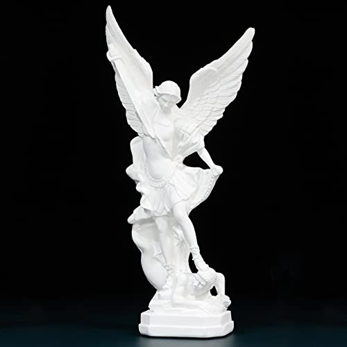 XIYOUQI 31,5 cm weiße San Miguel Arcangel Statue, St. Michael Statue aus Harz, Heiliger Michael besiegt Satan, Sammlungsfiguren, religiöser Engel, geeignet für Sammlung oder Dekoration von XIYOUQI