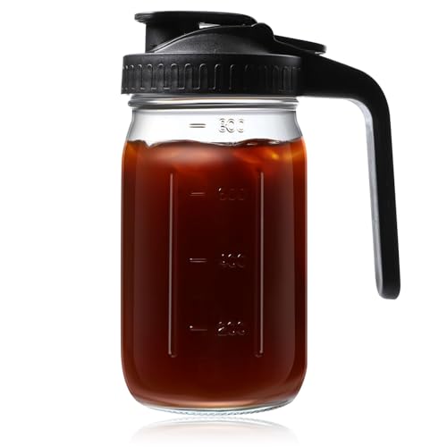 Mason Jar Pitcher Wide Mouth Glass Water Jug Einmachglas-Krug aus Glas mit Deckel breite Öffnung Glaskrug Wasserkaraffe 32 Unzen Kaltbrühkrug für Wasser Saft Milch Tee Eiskaffee von XIZAO