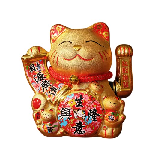 XIZHI 17,8 cm goldene Glückskatze mit winkendem Goldarm betrieben chinesische Feng Shui Dekoration Glücksbringer Katze für Geschäfte, Restaurants, Wohnzimmer von XIZHI