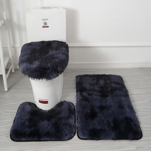 XIZHI Badezimmerteppich-Set, U-förmige WC-Bodenmatte, rutschfeste Teppiche und WC-Deckelbezug, mit PVC-Punkt-Gummi-Rückseite, 3-teilig, Dunkelblau von XIZHI