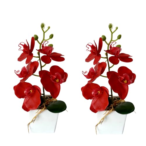 XIZHI Künstliche Orchidee mit Vase, 25,4 cm, künstliche Pflanze, Bonsai, Seidenblumen, Schmetterling, Orchidee mit Topf für Hochzeit, Büro, Heimdekoration, Innendekoration (rot), 2 Stück von XIZHI