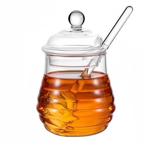 XIZHI Transparentes Honigglas mit Dipper und Deckel, Glas, Bienenstock-Stil, Honigtopf für Zuhause, Küche, Geschäft, Honig und Sirup, 284 ml von XIZHI