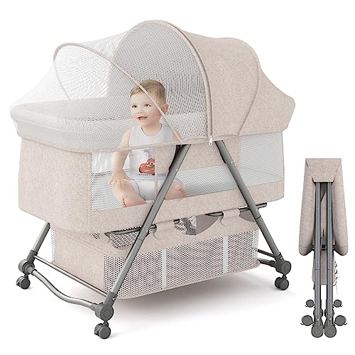 XJD Babybett mit weich Matratze Reisebett inkl. Lagerung, Wiege-Funktion, Faltbar, Schlupf und Transporttasche, ab Geburt bis 20 kg, Stubenwagen Komplett Set für 0-6 Monate Baby und Kinder, Khaki von XJD