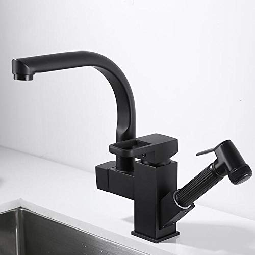 Kitchen Sink Mixer Taps Black Brass Hot and Cold Pull Out Pressurized Spray Gun 360° Rotation-B von XJEIVJIC