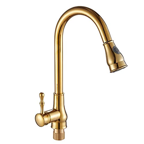 Küchenarmaturen mit Auszugsspray Gold heiß und kalt Doppelmodus Messing 360 ° Rotation Teleskop Küchenmischer Waschbecken Wasserhahn-A von XJEIVJIC