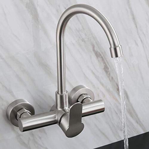 Küchenhahnwand montiert Küchenspüle Mixer Haken Edelstahl Heiße und kalte Waschbecken Wasserhahn Doppelloch gedreht gebürstete Küche Spüle Wasserhahn-a von XJEIVJIC