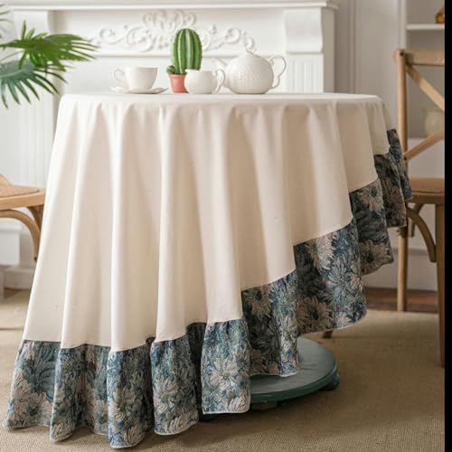 XJHNB Dia 120/150/180CM Leinenfarbe Rüschen Runde Tischdecke Baumwolle Leinen Runde Tischdecke Für Einen Kleinen Tisch Runde Tischdecke Küche von XJHNB