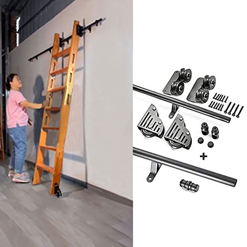 XJHOME Schwarze Edelstahl Gleitbibliotheksleiter Hardwar Gleitbibliothek Leiter Hardware(keine Leiter), mit Bodenrollenrädern, 3.3ft-20ft Stahl Rundrohr Mobile, 200cm Gleisbausatz, Braun von Kastle
