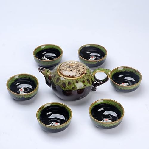 XJHWD 7-teiliges chinesisches Kung-Fu-Teeservice, Keramik-Teekanne mit 6 Fischbechern mit 3D-Relief, Elegantes Teegeschirr für Geschenke zur Teezeremonie von XJHWD