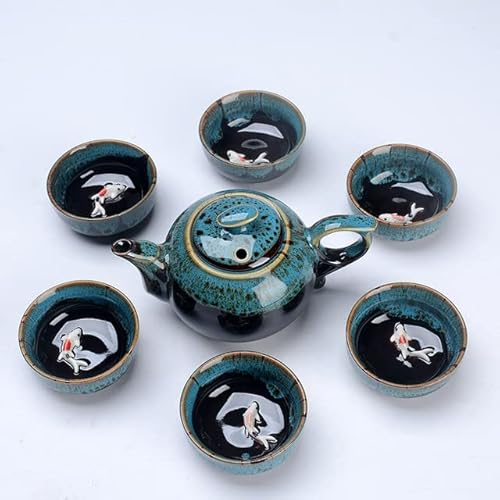 XJHWD 7-teiliges chinesisches Kung-Fu-Teeservice, Keramik-Teekanne mit 6 Fischbechern mit 3D-Relief, Elegantes Teegeschirr für Geschenke zur Teezeremonie von XJHWD