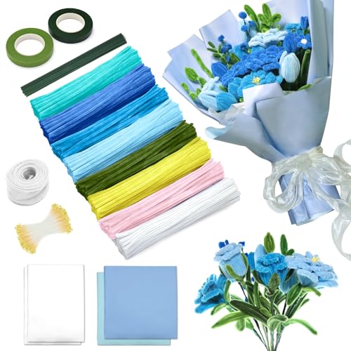 Pfeifenreiniger Set, 500 Stück 4 Farben Pfeifenreiniger Set zur Herstellung von Verschiedenfarbigen Pfeifenreiniger Sträußen, Blumenpapier, Bändern, Dochten, Stäben, kreativen Blumen DIY (Blue) von XJIANFU