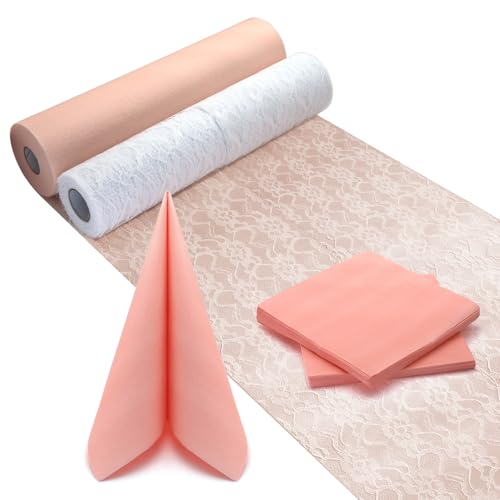 Tischdekoration aus Spitze(15cm(Breite)*12m(Länge)*2Rollen Bedruckte Servietten 3-lagig(40Stück)+Vliesstoff 30 Cm(Breite)*25M(Länge),Hochzeit,Partys,Weihnachten,Tischdeko-Set (Pink) von XJIANFU