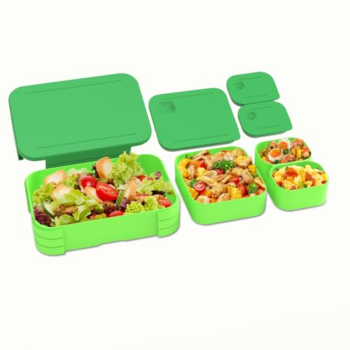 XJIANFU Brotdose Kinder mit Fächern, Auslaufsichere 3 In 1 Bento-Box, Kinder-Lunchbox,Auslaufsicher Fächern,Jausenbox Brotbox für,Mädchen & Jungen,Mikrowelle/spülmaschinenfest(Green) von XJIANFU
