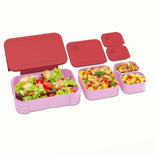 XJIANFU Brotdose Kinder mit Fächern, Auslaufsichere 3 In 1 Bento-Box, Kinder-Lunchbox,Auslaufsicher Fächern,Jausenbox Brotbox für,Mädchen & Jungen,Mikrowelle/spülmaschinenfest(Pink) von XJIANFU