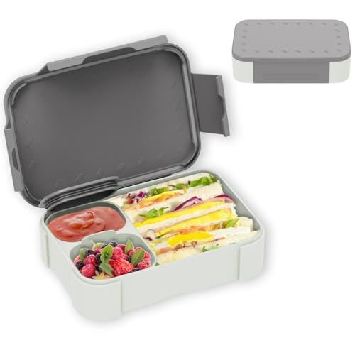 XJIANFU Brotdose Kinder mit Fächern,900ml Auslaufsichere Bento-Box, Kinder-Lunchbox,Auslaufsicher Fächern,Jausenbox Brotbox für,Mädchen & Jungen,Mikrowelle/spülmaschinenfest(Gray) von XJIANFU
