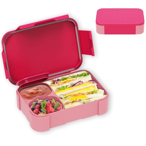 XJIANFU Brotdose Kinder mit Fächern,900ml Auslaufsichere Bento-Box, Kinder-Lunchbox,Auslaufsicher Fächern,Jausenbox Brotbox für,Mädchen & Jungen,Mikrowelle/spülmaschinenfest(Pink) von XJIANFU