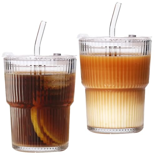 Trinkbecher mit Deckel und Strohhalm：2 Stück 450ml Luftdicht Wasserdicht Design Glasbecher Set,Glas Smoothie Becher mit Strohhalm für Saft, Kaffee,Wasser,Tee,Luftdicht Wasserdicht Reisebecher von XJJAUGKLY