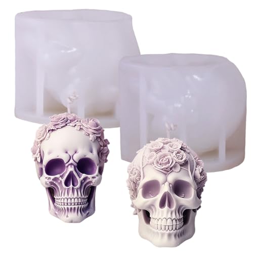 Halloween Silikonformen 2pcs 3D Blumenschädel Kerzeform mit klarer Textur leicht zu reinigen und zu demolden, auffällige Schädeldekoration für Home Shop Haunted House |.Silikonform von XJKLBYQ