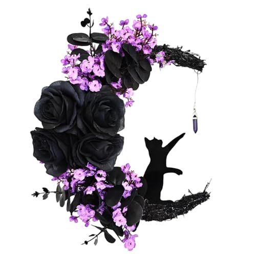 Schwarzer Katzenmond Halloween -Kranz, einzigartige Türmauerbaum -Schild/12 x 10 Zoll Schwarzer Katzenmond Halloween -Kranz, einzigartige Türmauerbaum -Schild/12 x 10 Zoll von XJKLBYQ