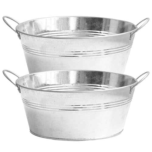 XJKLBYQ Galvanisierter Pflanzer 2PCs Große runde, verzinkte Wanne mit stabilen Griffen 9,76 x 4,33 Zoll Metall Pflanzer Zinkwanne zum Pflanzen, Getränkekühler, Eiseimer, Metallpflanzer von XJKLBYQ