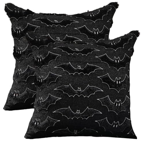 XJKLBYQ Halloween Plüschfledermauskissen Cover, 2 PCS Jacquard Weiche Kissenbezüge für Sofa Schlafzimmer Wohnzimmer Haus/18x18 Zoll von XJKLBYQ