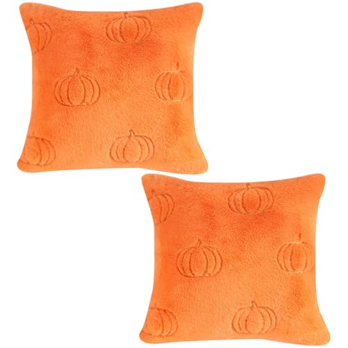 XJKLBYQ Kürbiskissenbezüge, 2pcs weiche Plüschfarmhausernte Halloween Decor für Sofa, Couch, Wohnzimmer in Orange und Gelb/18x18 Zoll von XJKLBYQ