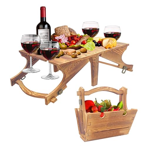 XJKLBYQ Picknick Tabelle 2-in-1 Holzklappkorb mit Weinglashalter tragbarer Außenlager für Camping Beach Wine Liebhaber 11.8 * 9.1 * 5, 9 Zoll, faltbares Picknick von XJKLBYQ