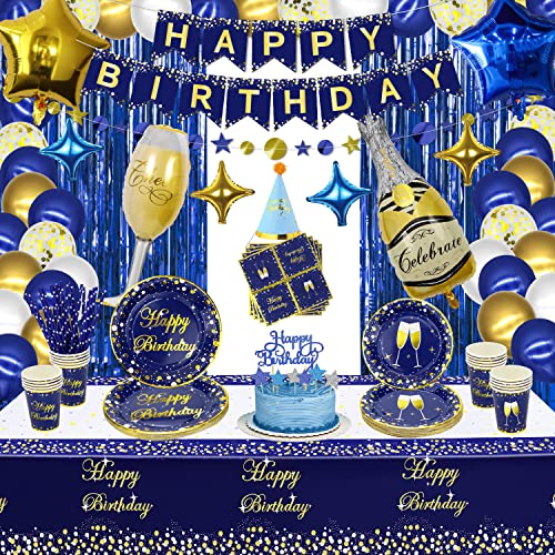 171 PCS Blau und Gold Party Dekorationen - Blau Gold Party Luftballons, Geburtstag Banner, Girlanden, Teller, Servietten, Tassen und Tischdecke für Kid Adult Party Supplies, Servieren Sie 20 Gäste von XJLANTTE