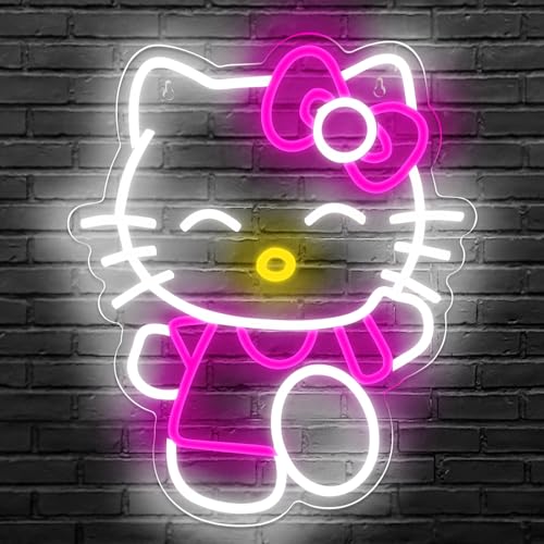 XJNOLGXIQU Hello Kit Neon Schild Anime Kitty Neonlichter Katzen Hello Kit Led Schilder Neon Schild Personalisiert Wanddekoration für Mädchenzimmer Deko Kleine Jungen und Mädchen Geeignet von XJNOLGXIQU